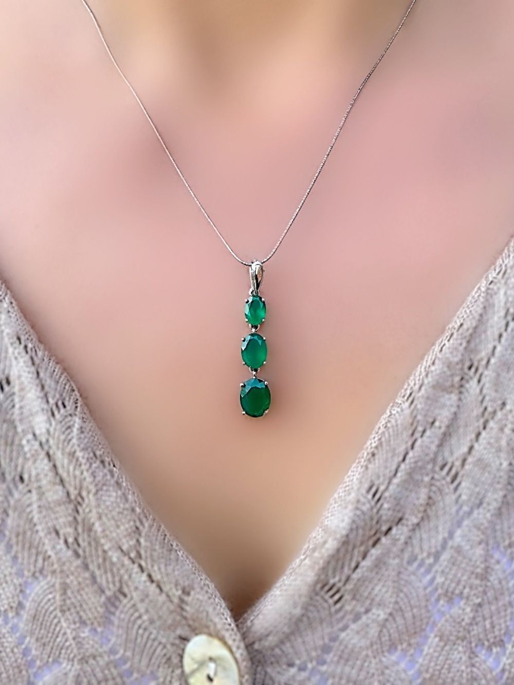 925 Sterling Silver Pendant with Three Genuine Emeralds